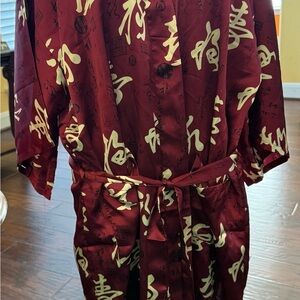 Vintage Burgundy Like Satin Robe with Ivory & Black Asian Script Unisex